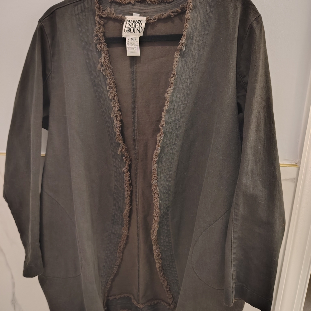 Prairie Underground dark Denim Distressed Trim Long Open Jacket - Picture 8 of 15